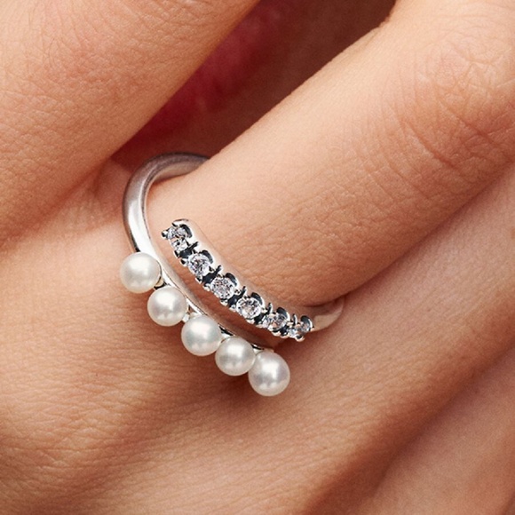 Treated Freshwater Cultured Pearls & Pavé Open Ring Sterling Silver - Picture 4 of 6